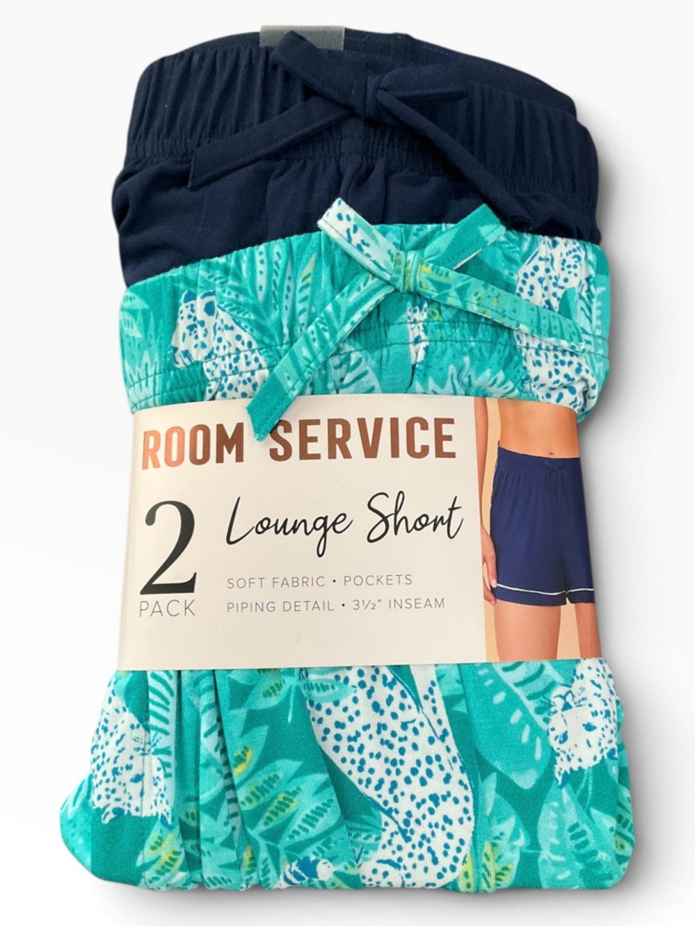 Room Service Women’s 2-Pack Lounge Shorts — Navy & Teal Print Size XL NWT